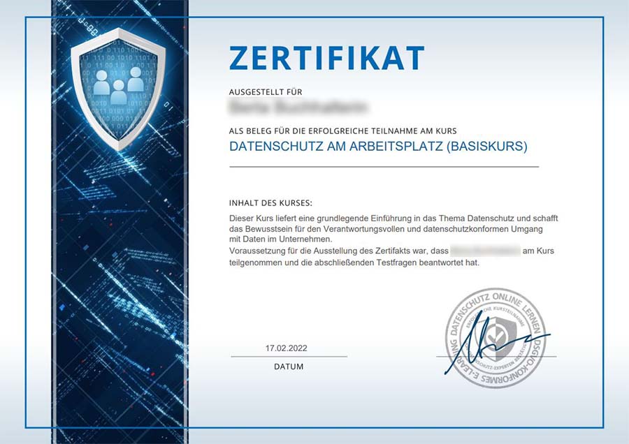 Beispiel eines (digital) ausgestellten Zertifikats
